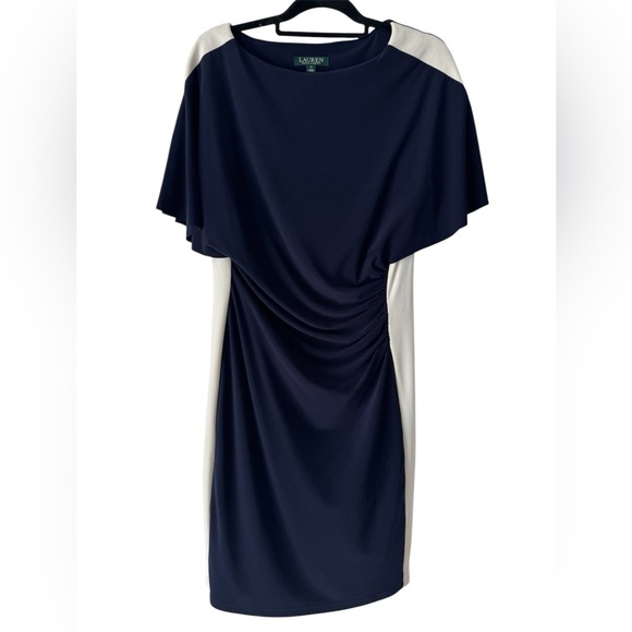 Lauren Ralph Lauren Navy Ivory Ruched Colorblock Sheath Dress Size 12 - Picture 1 of 7